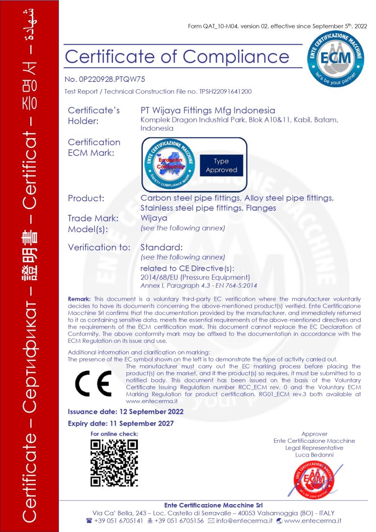 Certificate Pt Wijaya Fittings Mfg Indonesia